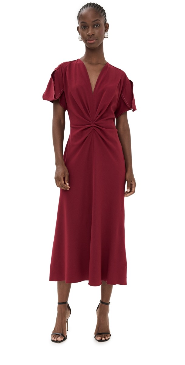 Victoria Beckham Gathered V Neck Midi Dress Oxblood