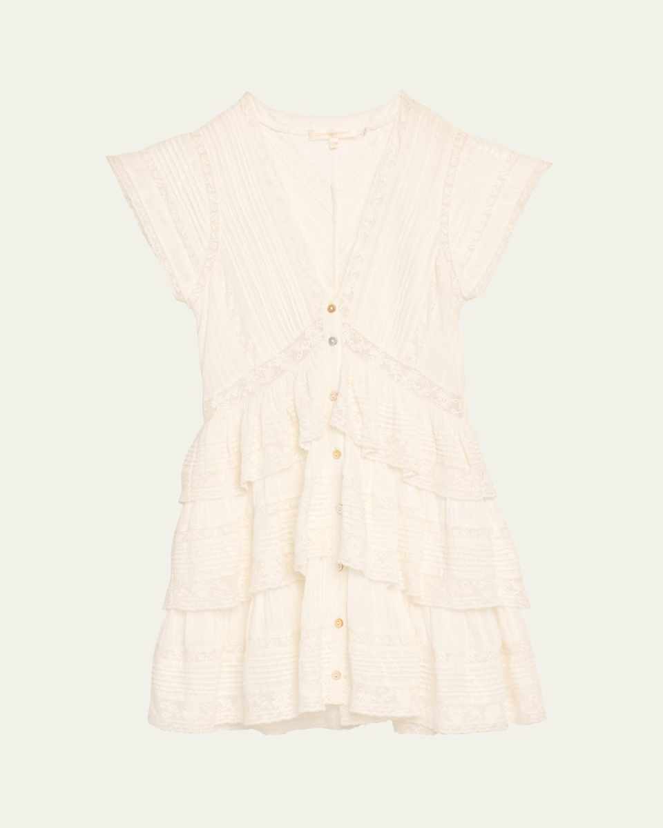 Binselle Tiered Ruffle Lace Short-Sleeve Mini Dress