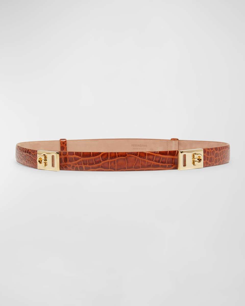 Double Gancini Croc-Embossed Leather Belt