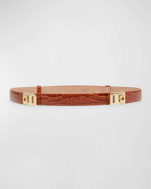 Double Gancini Croc-Embossed Leather Belt