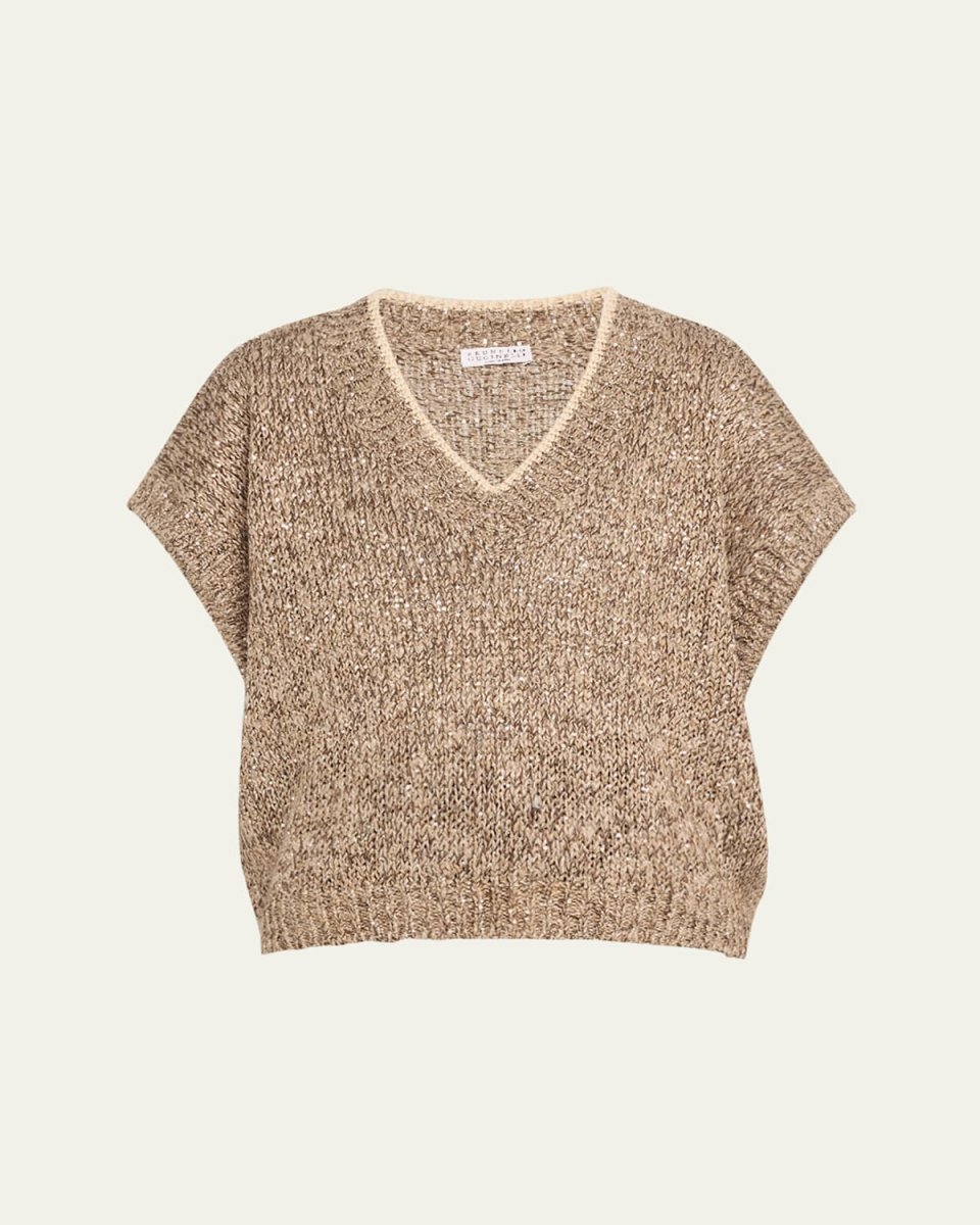V-Neck Paillette Tweed Knit Crop Vest