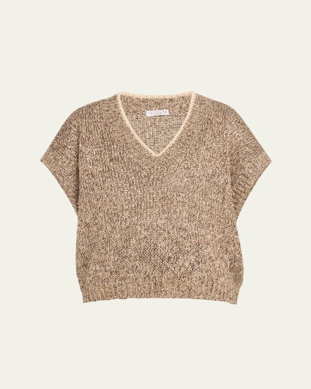 V-Neck Paillette Tweed Knit Crop Vest