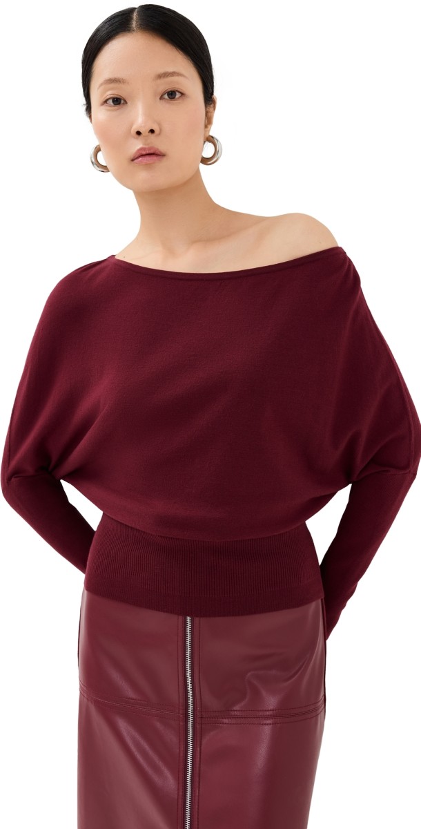 SIMKHAI Lavina Draped Off Shoulder Sweater Oxblood