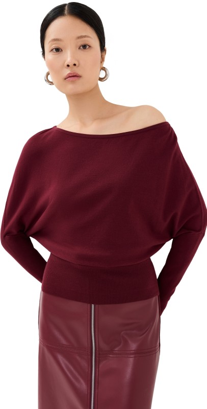 SIMKHAI Lavina Draped Off Shoulder Sweater Oxblood