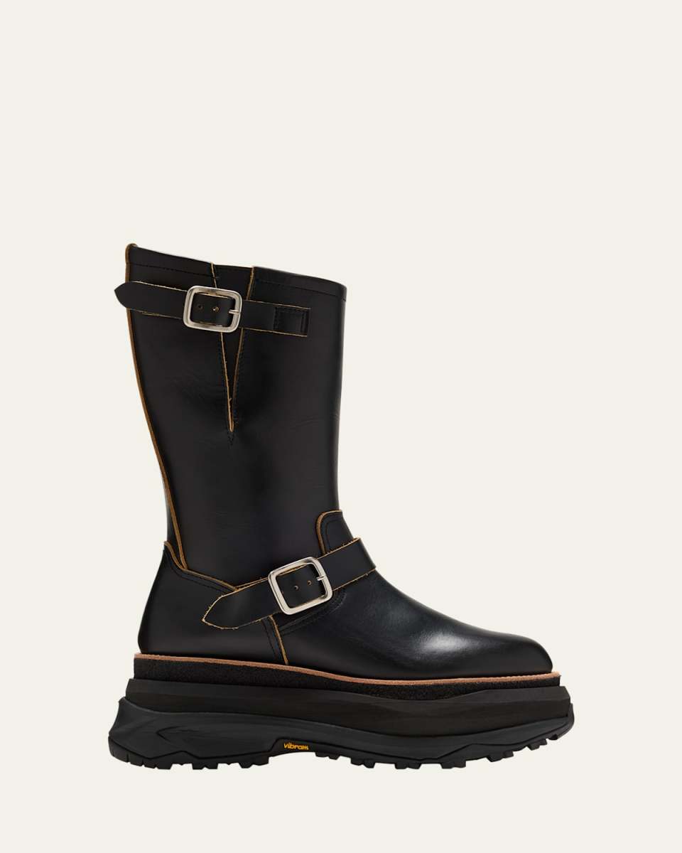 Leather Buckle Chunky Moto Boots