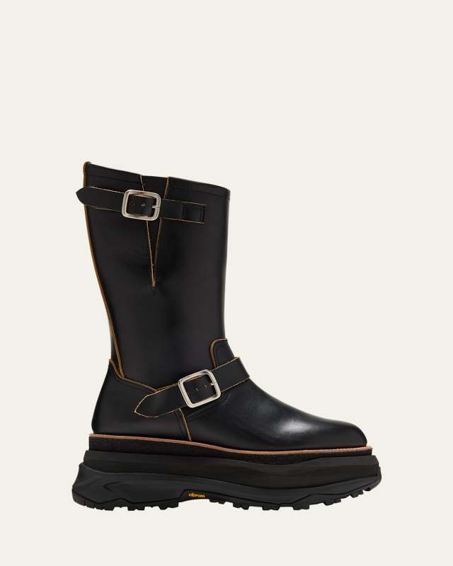 Leather Buckle Chunky Moto Boots