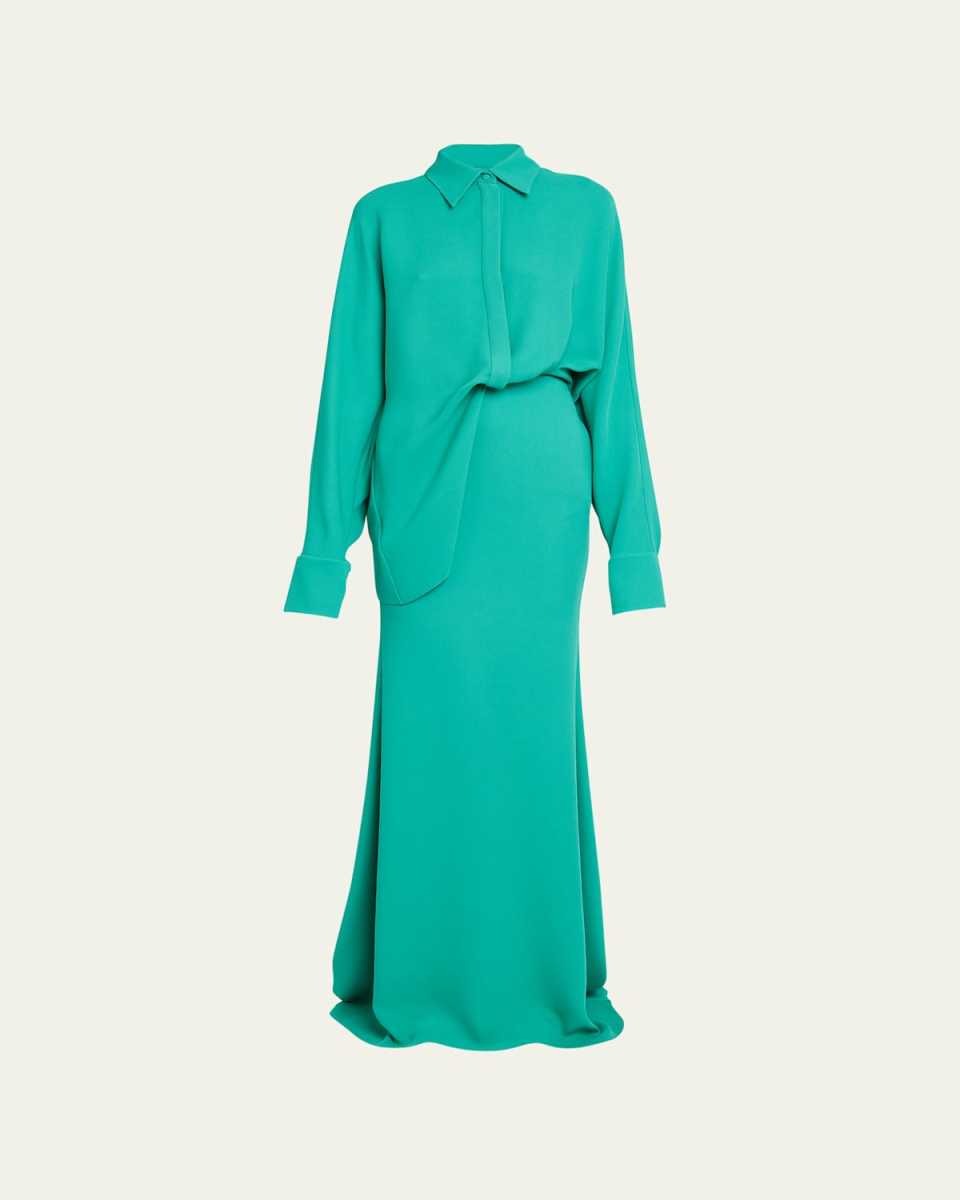 Long Tucked Top Silk Shirting Gown