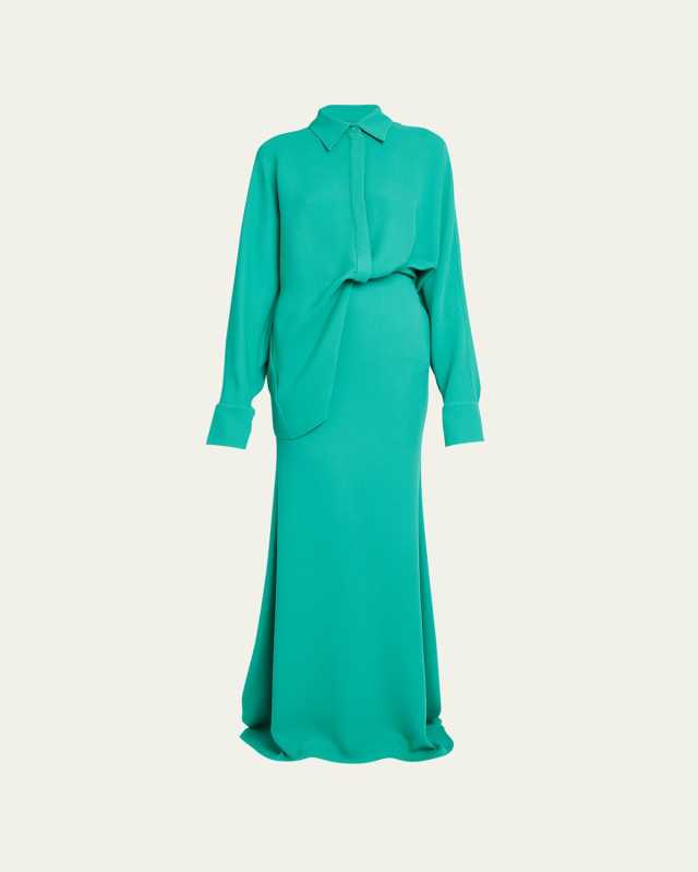 Long Tucked Top Silk Shirting Gown