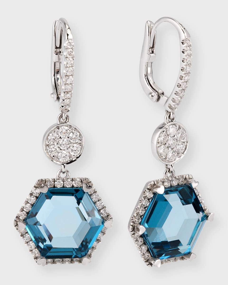 Rocks 18K White Gold Hexagon Blue Topaz Diamond Halo Disc Drop Earrings