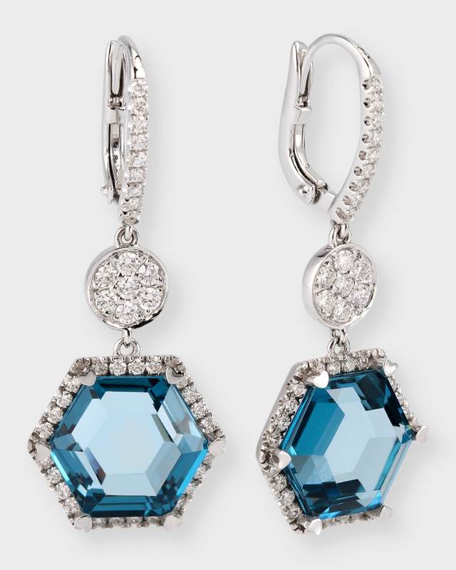 Rocks 18K White Gold Hexagon Blue Topaz Diamond Halo Disc Drop Earrings