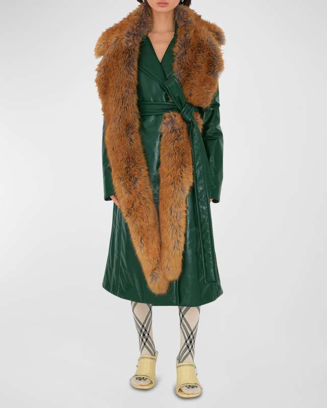 Belted Leather Trench Coat with Faux Fur Scarf