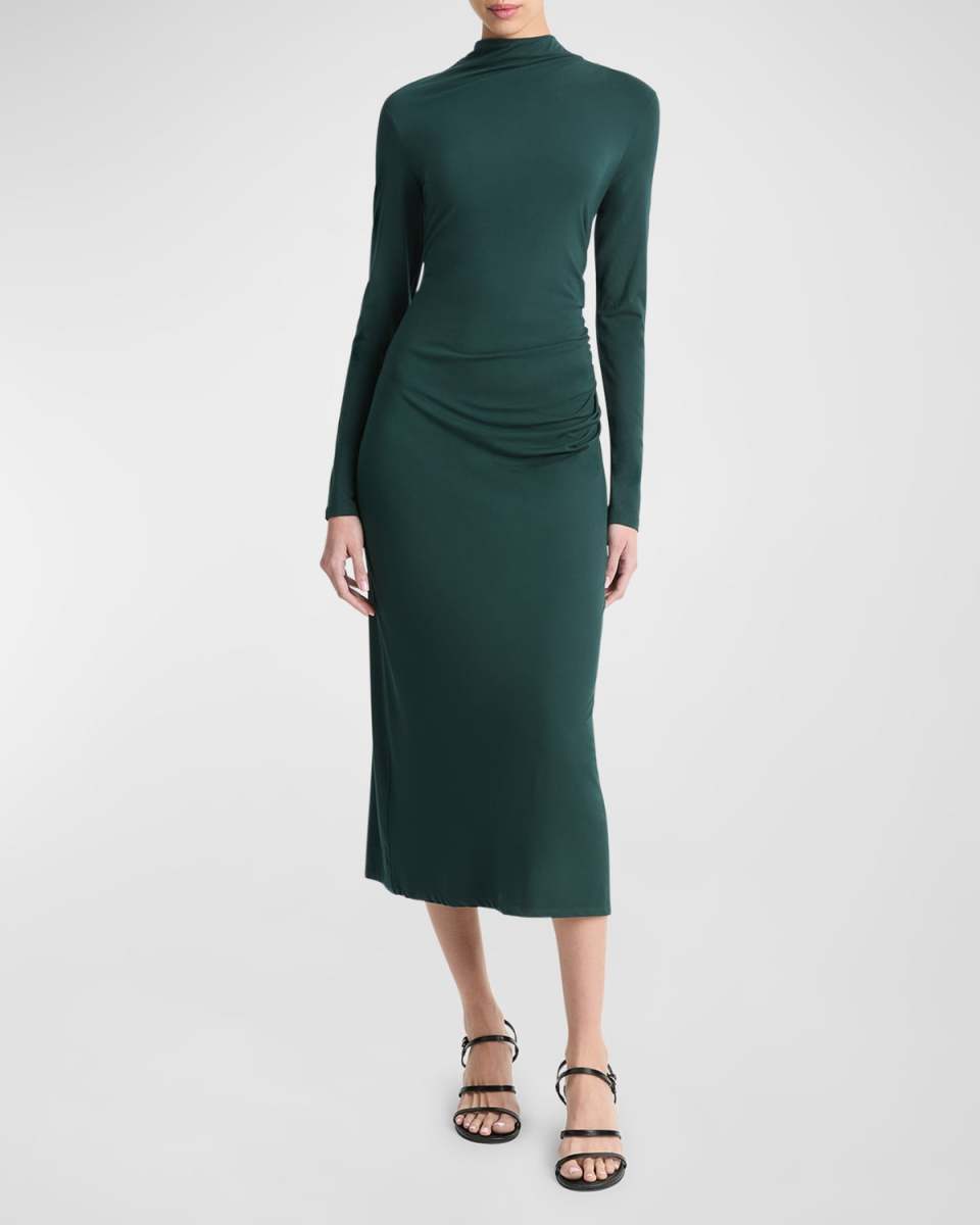 Long-Sleeve Ruched TurtleNeck Midi Dress
