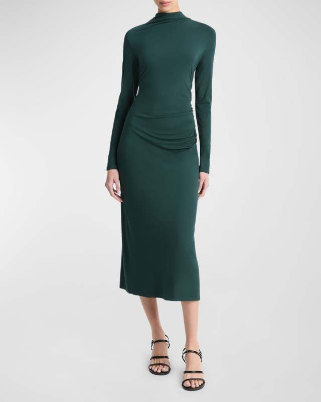 Long-Sleeve Ruched TurtleNeck Midi Dress