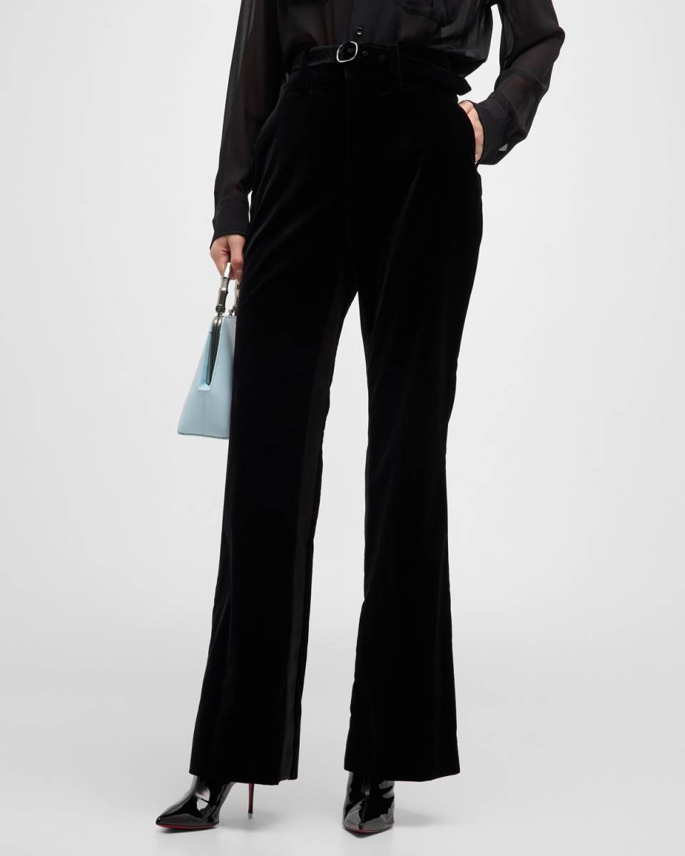 Marie Belted Bootcut-Leg Velvet Pants