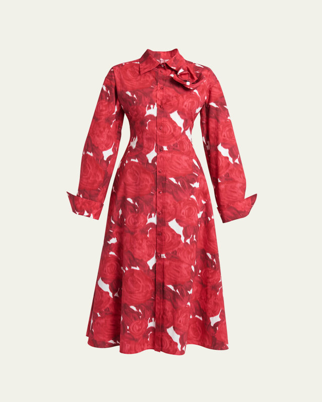 Rose Print Midi Dress with Applique Detail