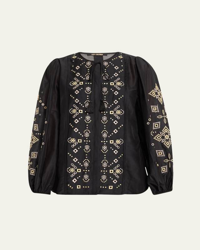 Bridgette Embroidered Blouson-Sleeve Blous