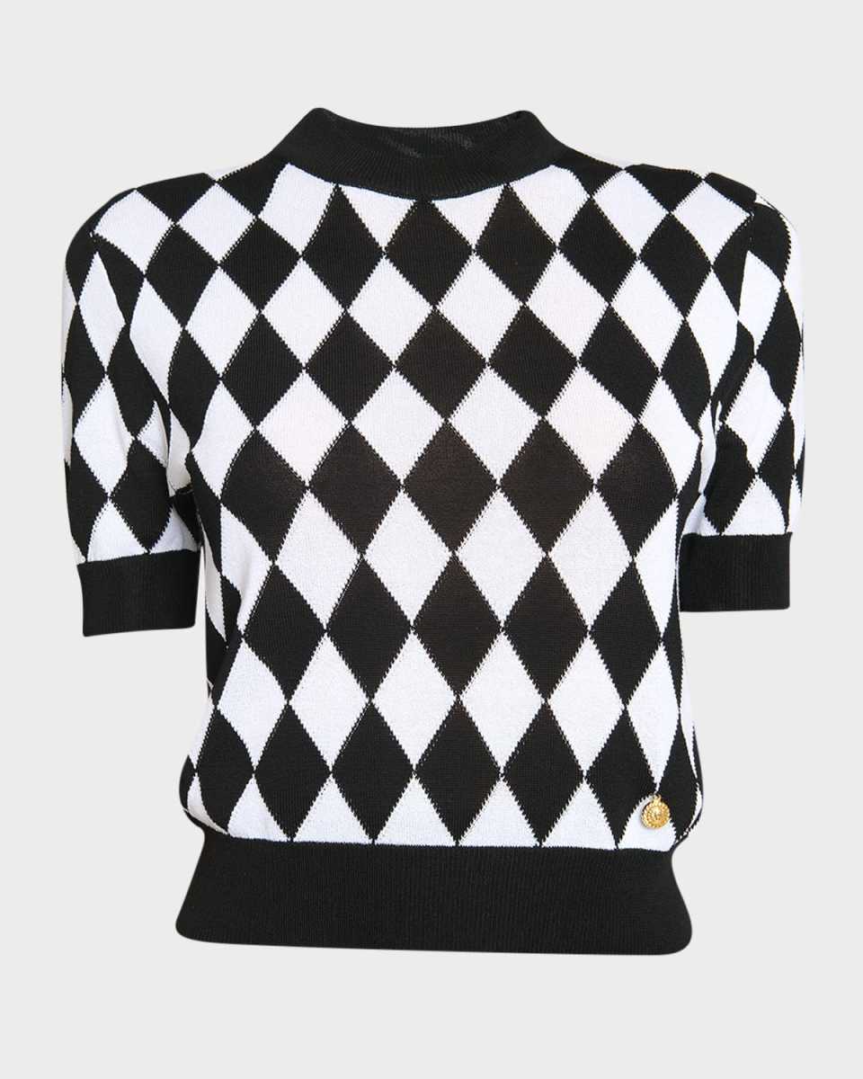Short-Sleeve Diamond Intarsia Knit Top