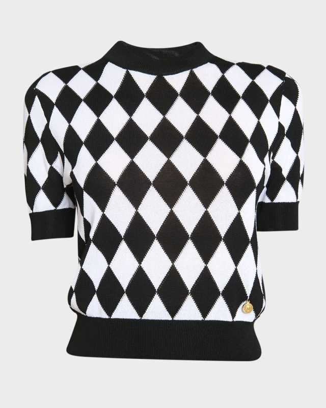 Short-Sleeve Diamond Intarsia Knit Top
