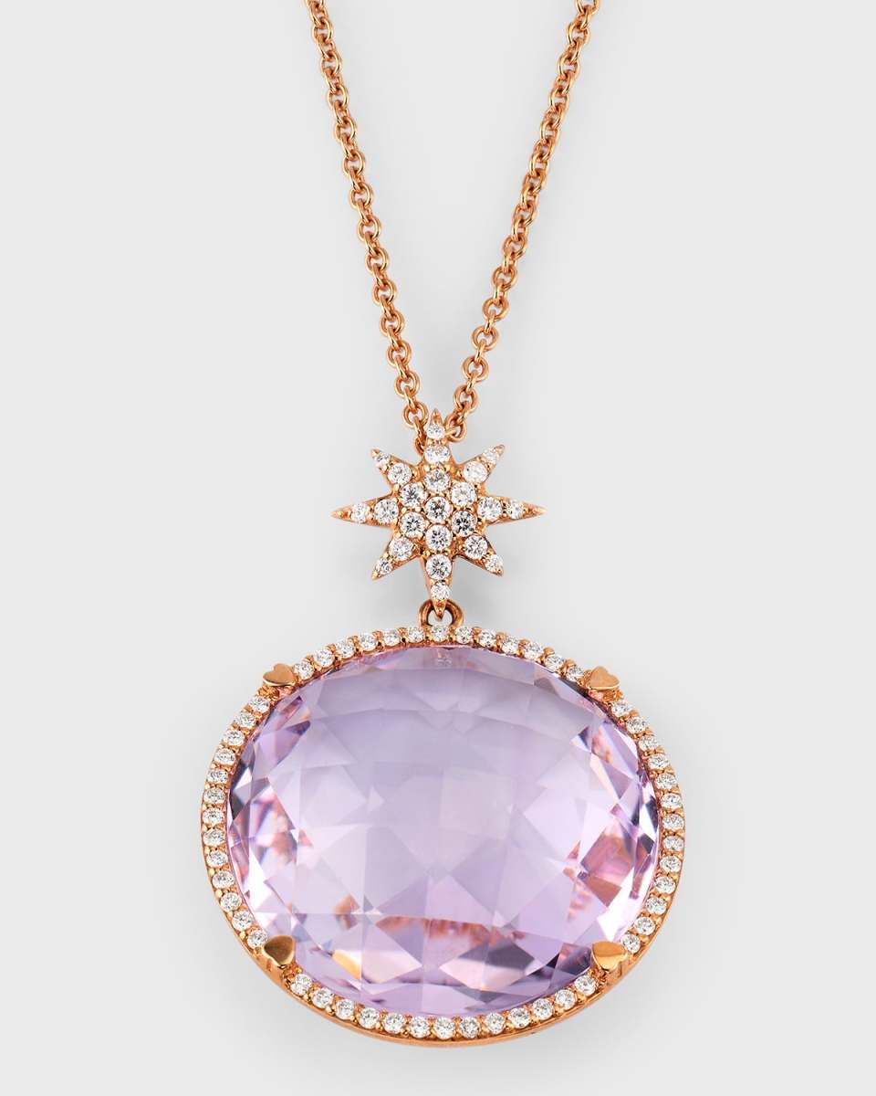 Rocks 18K Rose Gold Rose de France Diamond Halo and Star Bail Pendant Necklace