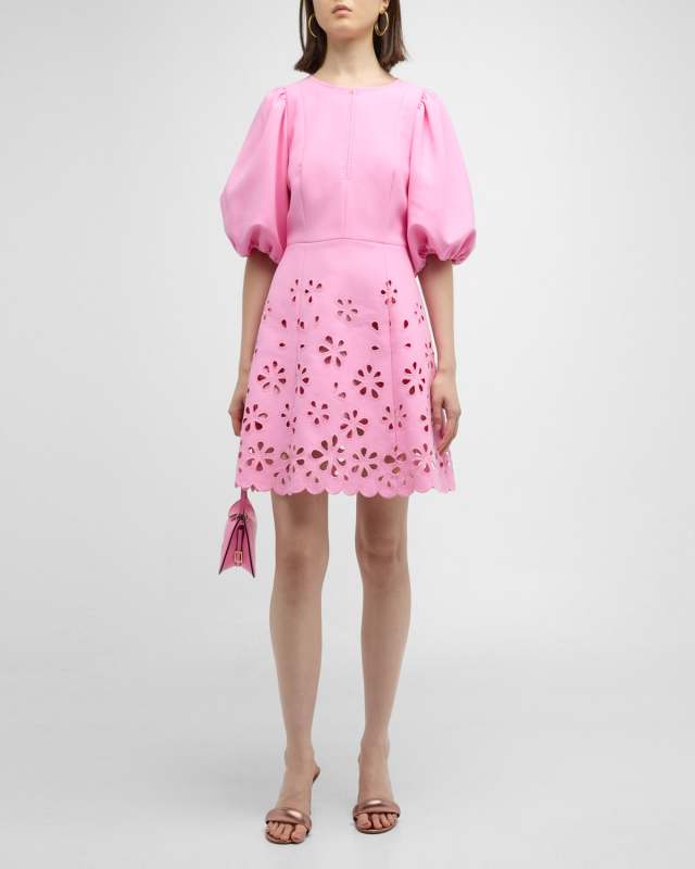 Floral Cutout 3/4-Sleeve Cotton Mini Dress