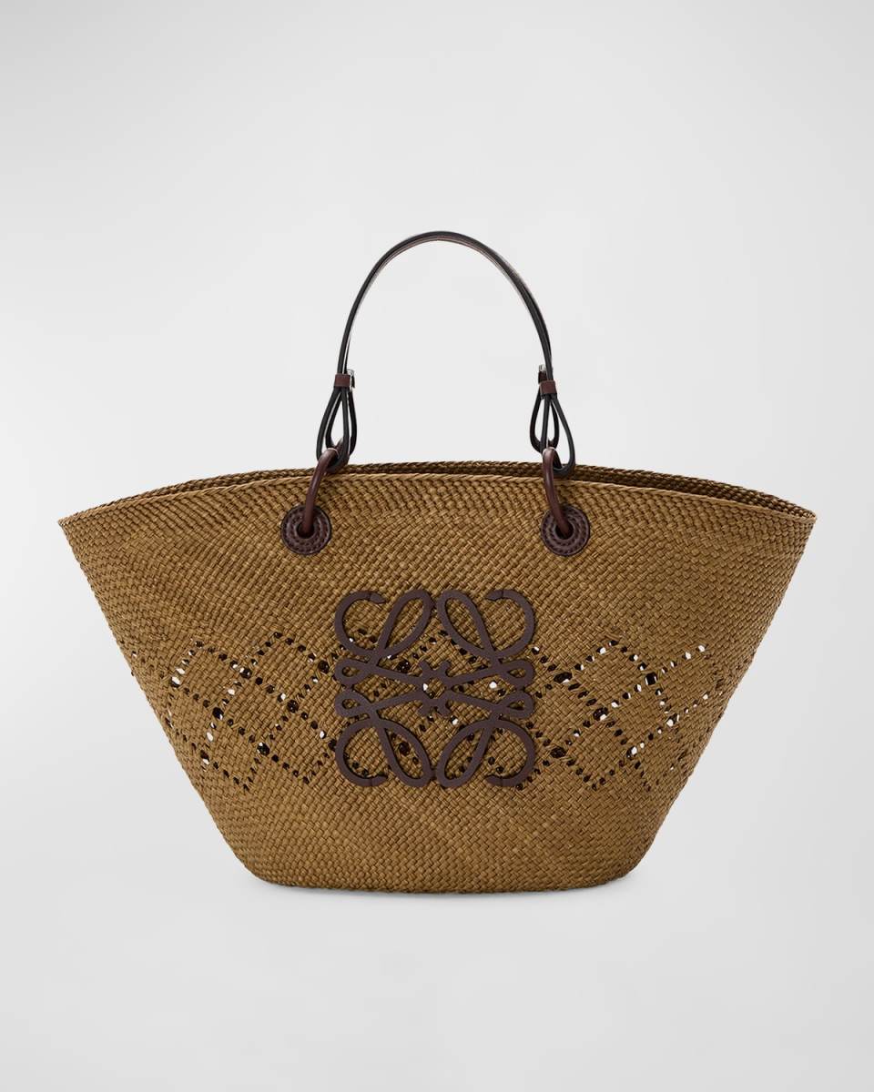 x Paula's Ibiza Large Anagram Basket Tote Bag in Iraca Palm with Leather Handles