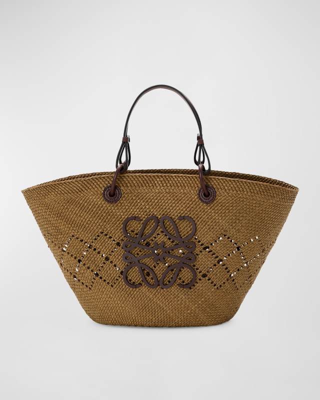 x Paula's Ibiza Large Anagram Basket Tote Bag in Iraca Palm with Leather Handles