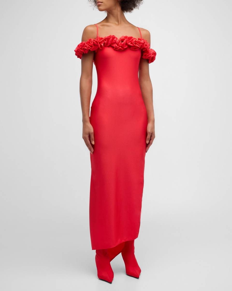 Off-Shoulder Ruffle Column Gown