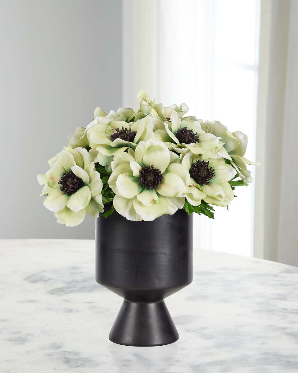 Green Anemones 12" Faux Floral Arrangement in Ceramic Vase