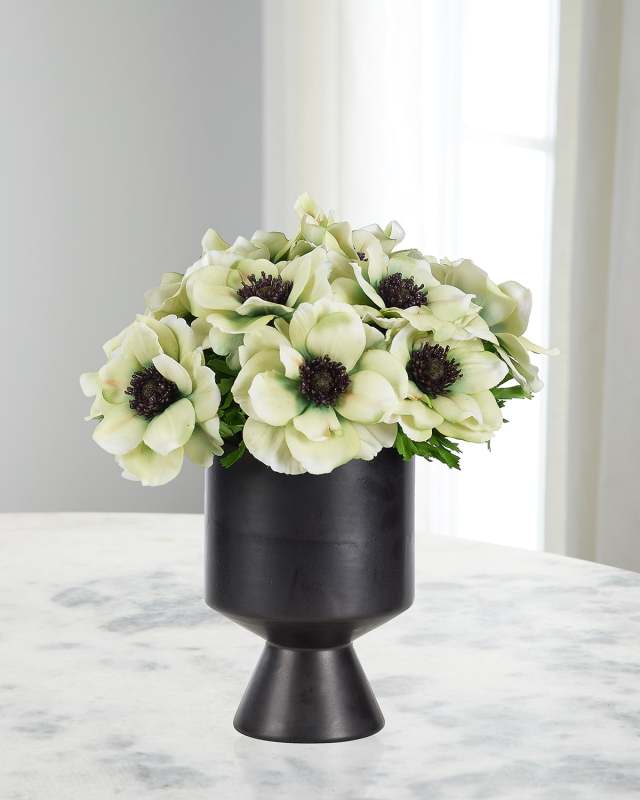 Green Anemones 12" Faux Floral Arrangement in Ceramic Vase