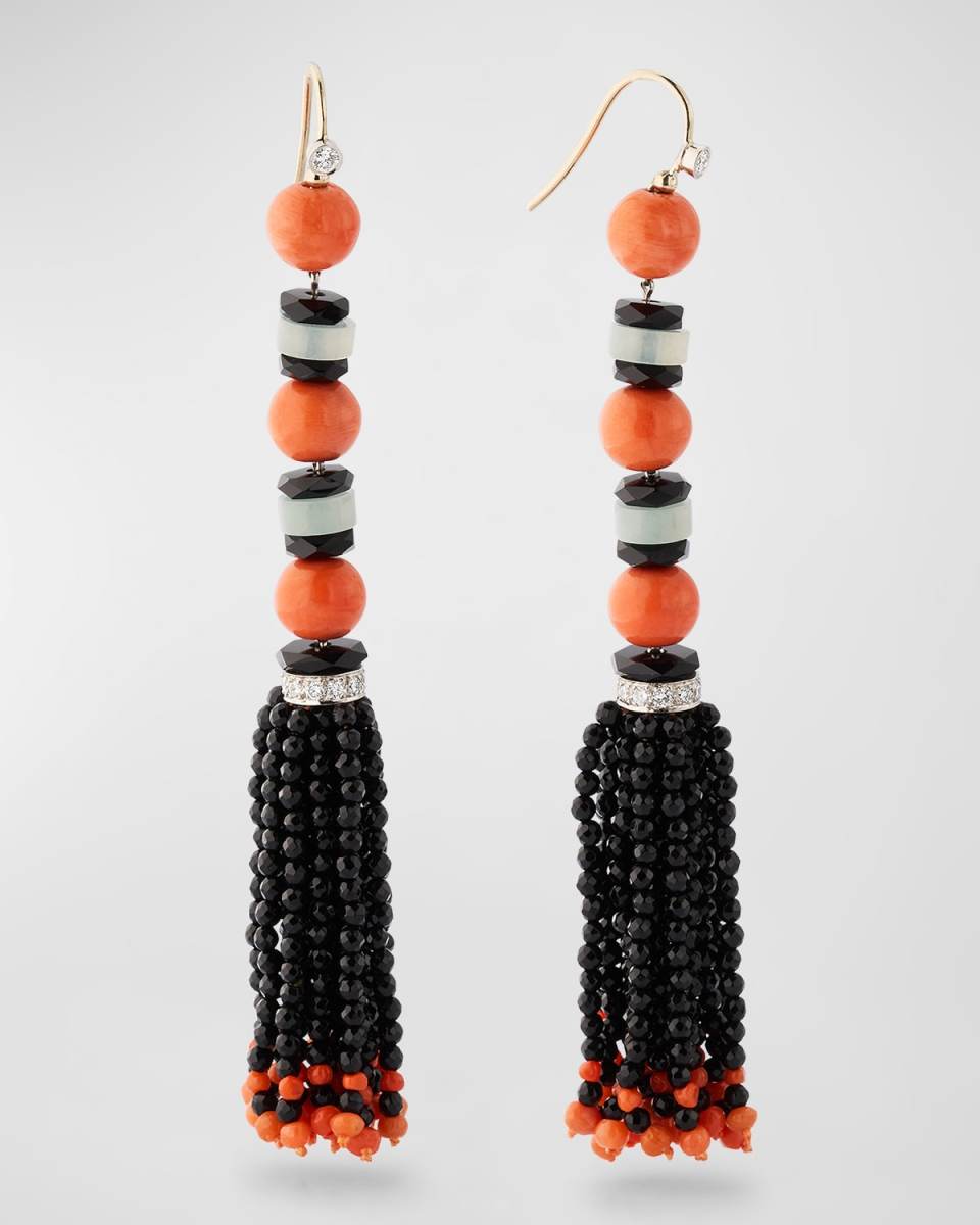 Estate Platinum Coral and Onyx Bead Tassel Earrings
