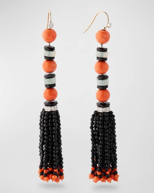 Estate Platinum Coral and Onyx Bead Tassel Earrings