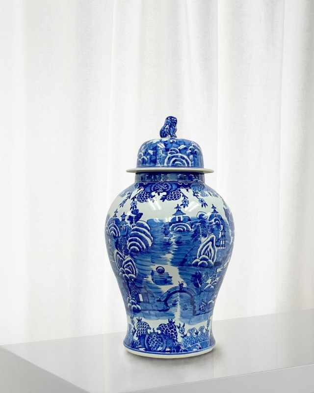 Blue & White Chinoiserie Ceramic Urn