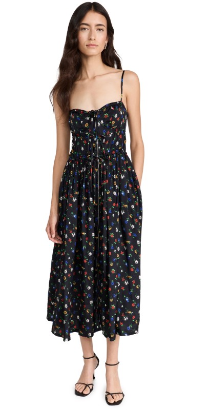 Rosetta Getty Drawstring Slip Dress Black/Multi