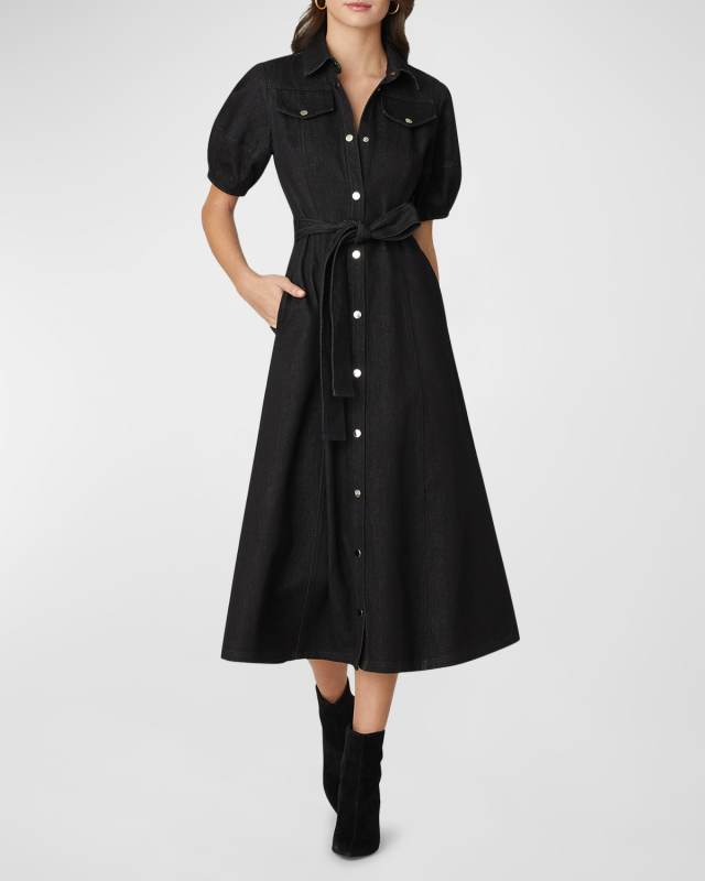 Mara Puff-Sleeve Denim Midi Shirtdress