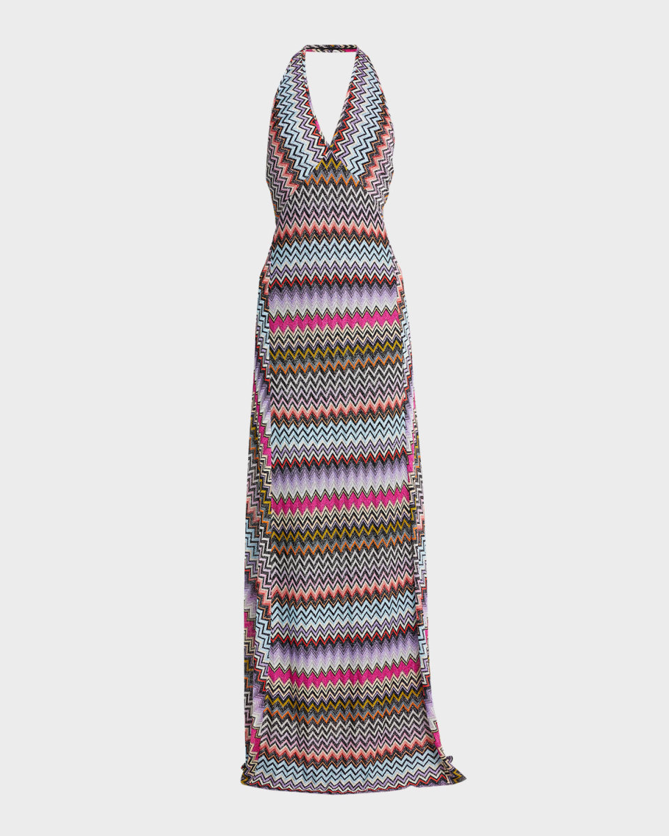 Metallic Chevron Knit Halter Maxi Dress