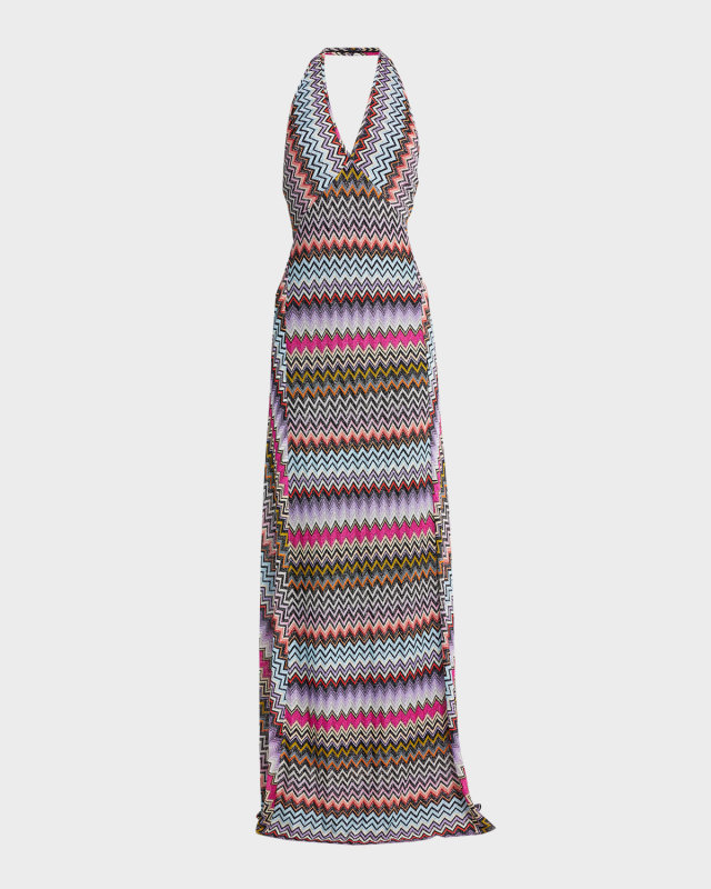 Metallic Chevron Knit Halter Maxi Dress