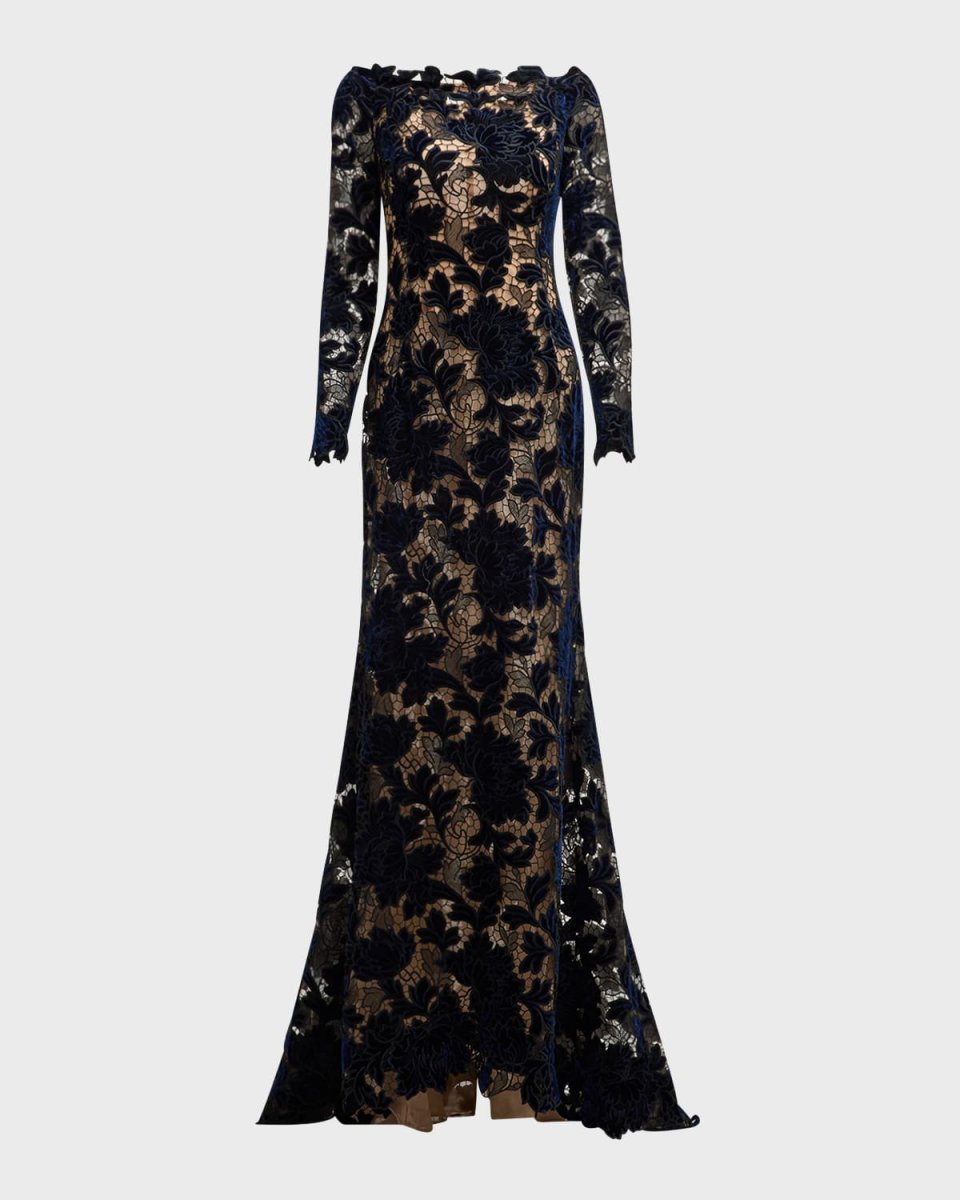 Off-Shoulder Peony Velvet Guipure Lace Gown