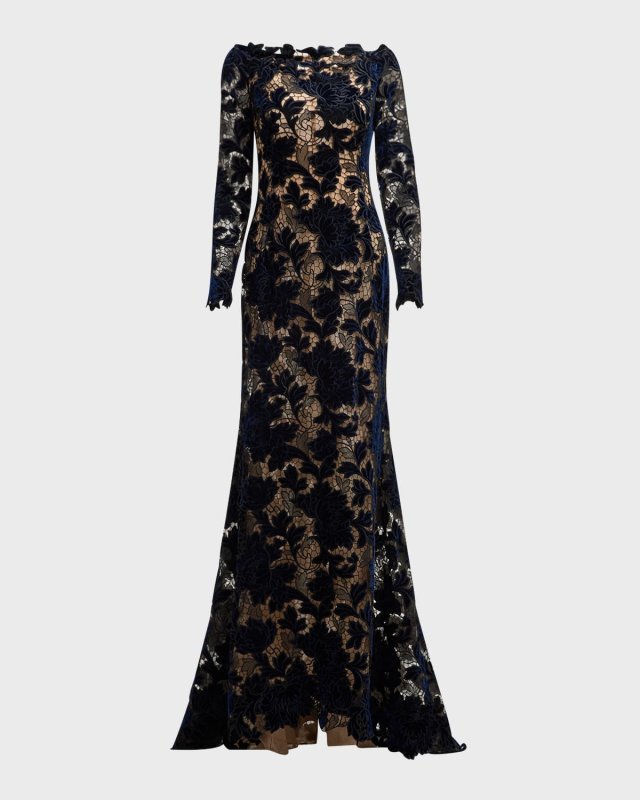 Off-Shoulder Peony Velvet Guipure Lace Gown