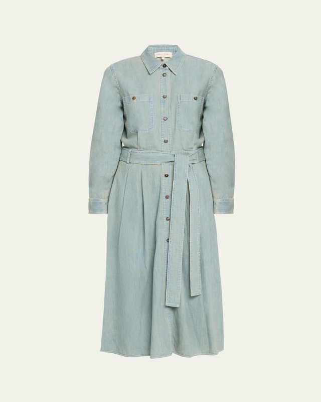 Belted A-Line Cotton Chambray Midi Shirtdress