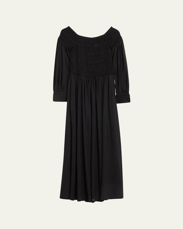 Manu Off-Shoulder Smocked Wool Dress