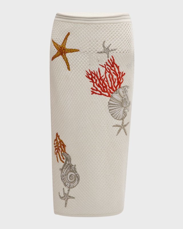 Coral Embroidered Crochet-Knit Skirt