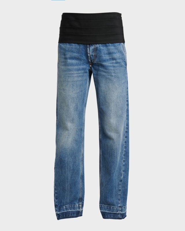Mid-Rise Cummerbund Straight-Leg Vintage Blue Wash Jeans