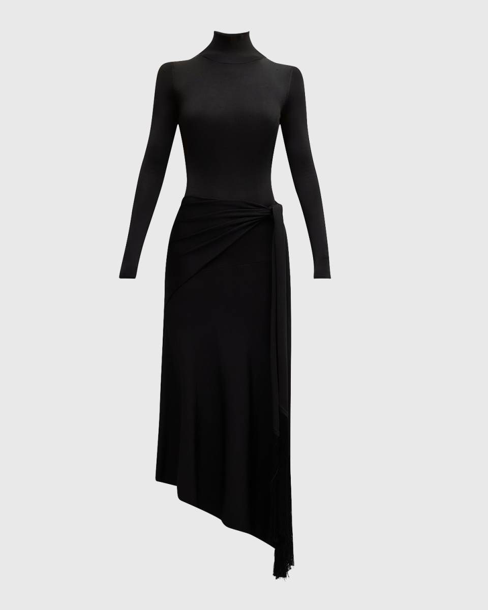 Turtleneck Scarf-Waist Knit Midi Dress
