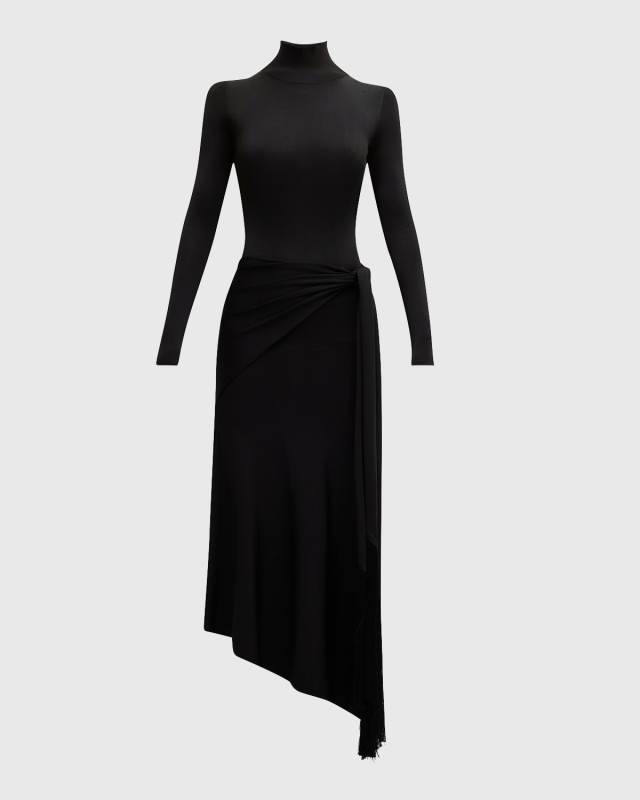 Turtleneck Scarf-Waist Knit Midi Dress