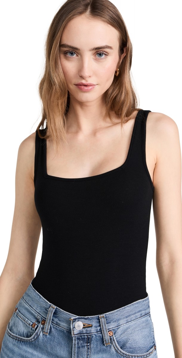 Ambitionist Ribbed Square Neck Tank Thong Bodysuit Black