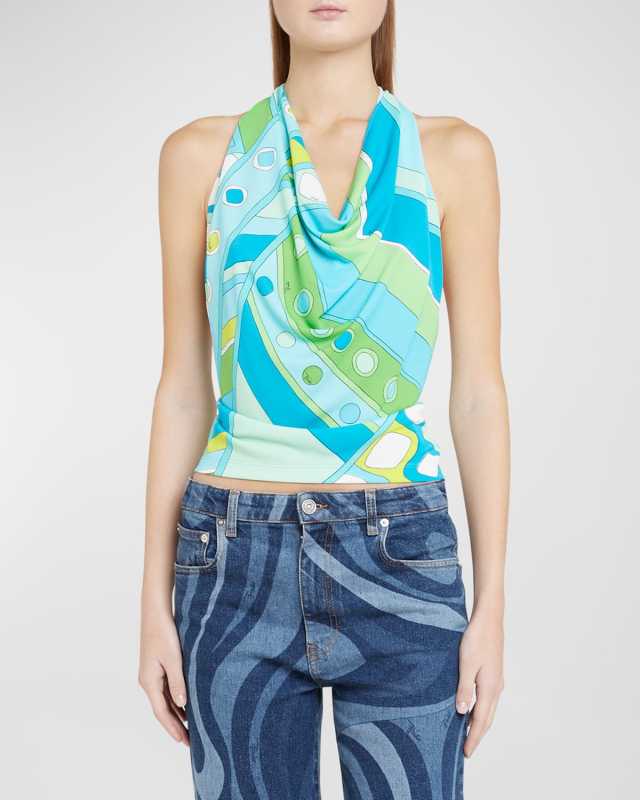 Abstract-Print Cowl Halter Top