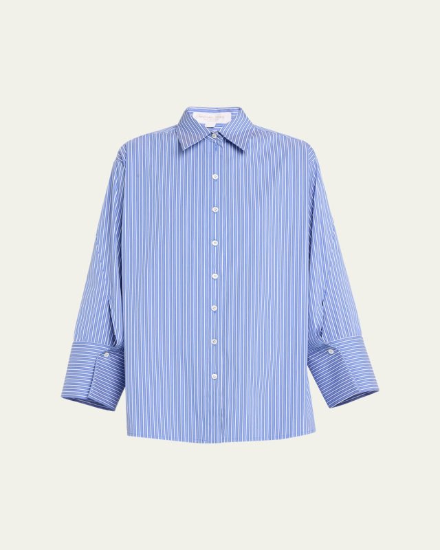 Oversized Cotton Poplin Striped Button-Front Shirt