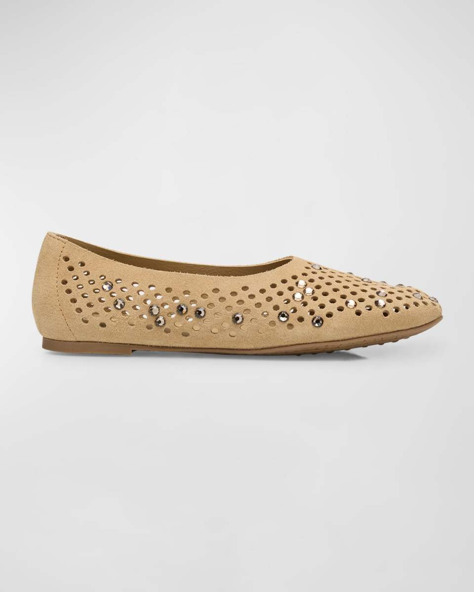 Ariane Perforated Suede Crystal Ballerina Flats