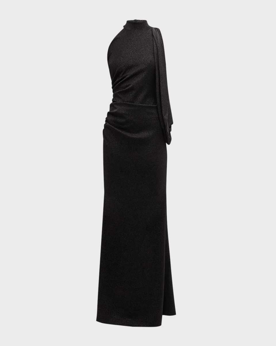 Pleated Mock-Neck Shimmer Gown