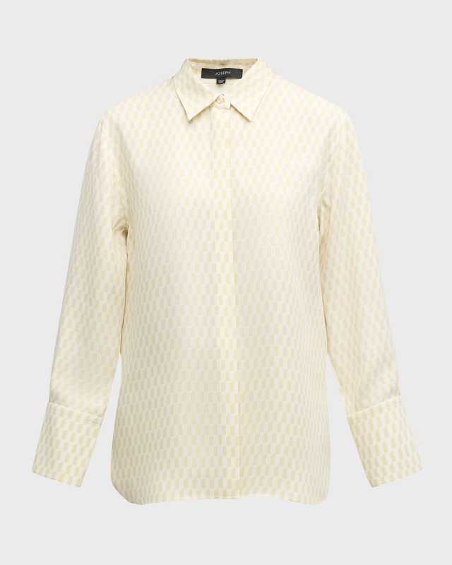 Geometric-Print Button-Down Silk Blouse